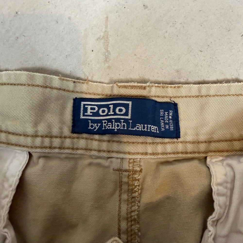 Polo Ralph Lauren Polo 67 Chino Mens Tan Cotton Cargo Shorts Size 34 Distressed - Picture 2 of 7